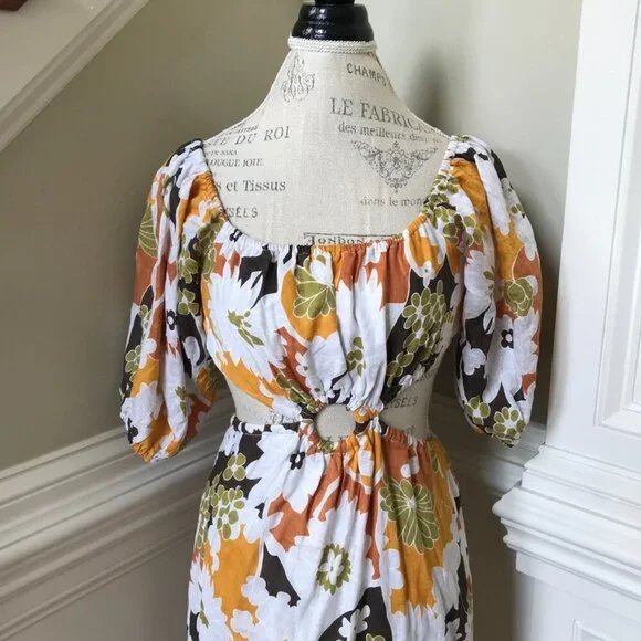 Faithful the Brand Trinita Maxi Dress Womens 2 Yellow White Floral Puff Sleeve